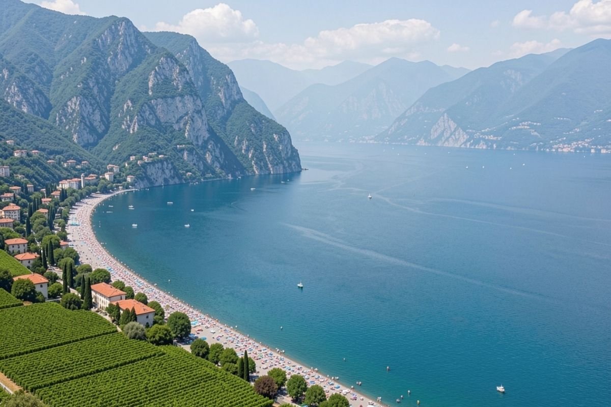 Vista panoramica di Bardolino sul Lago di Garda, evidenziando le spiagge e i vigneti